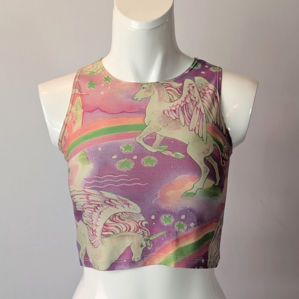 omighty Purple Unicorn Pegasus Rainbow Print Crop Top Size XS